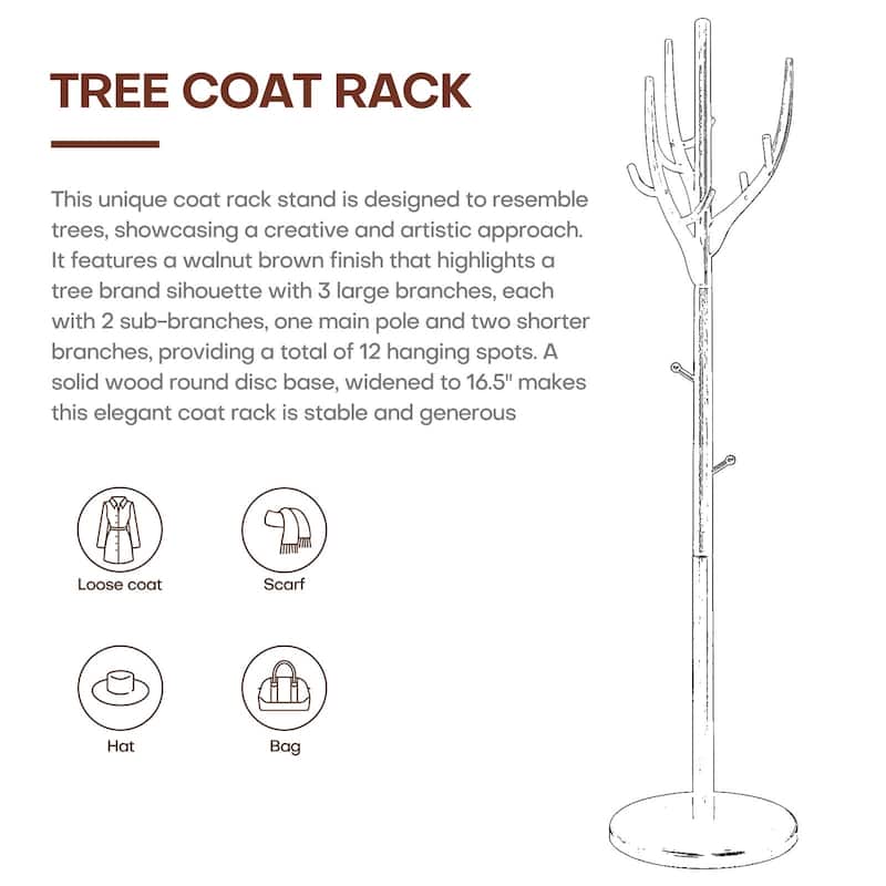 Adjustable Tree-branch Coat Rack Freestanding, Rubberwood Coat Tree - 16.54"Dia. x 71.65"H