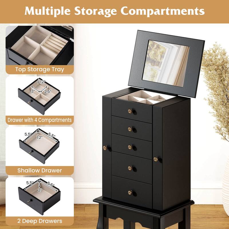 Costway Jewelry Cabinet Storage Chest Standing Organizer Mirror White - See Details