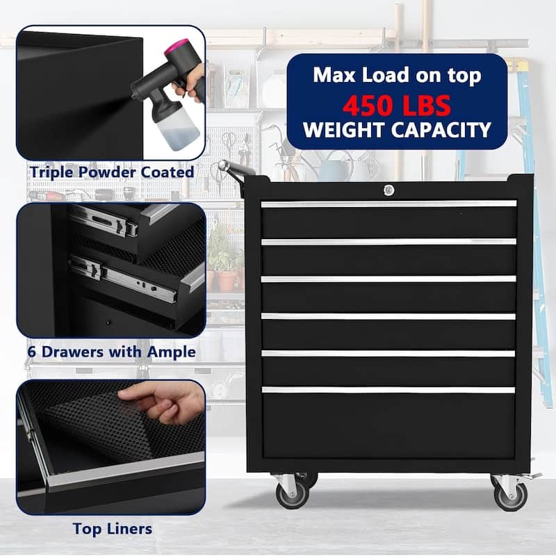 6 Drawers Tool Storage Cabinet Rolling Tool Chest for Garage, Workshop - N/A
