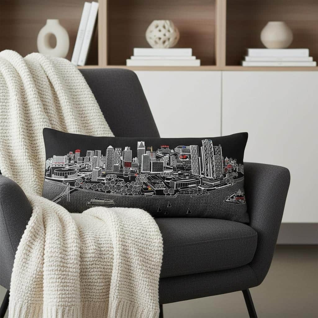 HomeRoots 14" X 35" Dark Gray And White Detroit Nighttime Skyline Lumbar Decorative Pillow