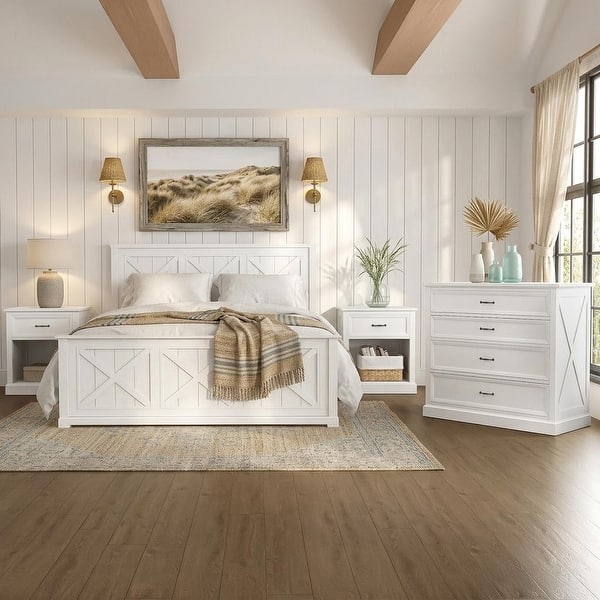 bed with a dresser Withyditch Wood Distressed Bedroom Set Panel King Bed, Dresser, Mirror, 2 Nightstands, Chest Laurel Foundry Modern Farmhouse while the other pieces come with black Hearthvale 4-Piece Queen Bedroom Set
