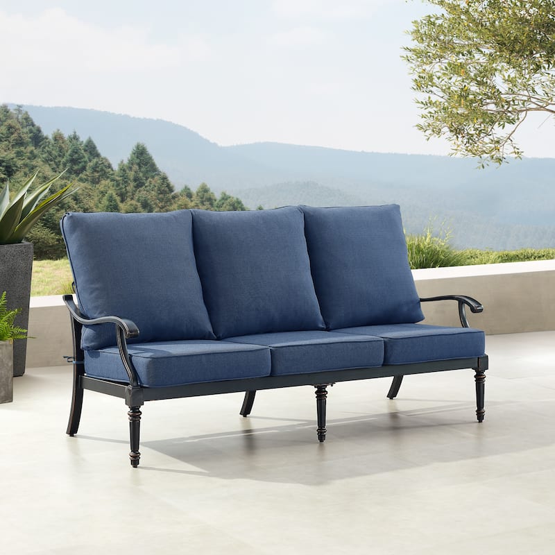 Black Aluminum Deep Seating Deep Seating Sofa with Cushions - Blue