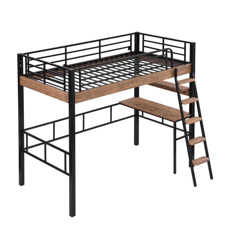 Twin Size Loft Bed with Built-in Desk, Storage Shelf, and Ladder in Black