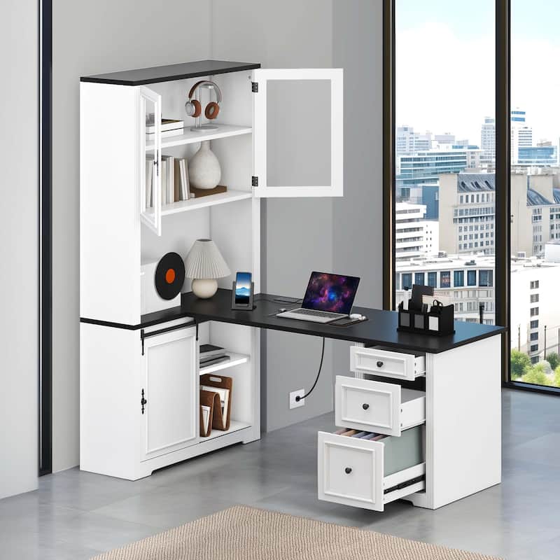 Moasis L-Shaped 3 Drawers Office Desk Corner Computer Desk with Shelves and Cabinet
