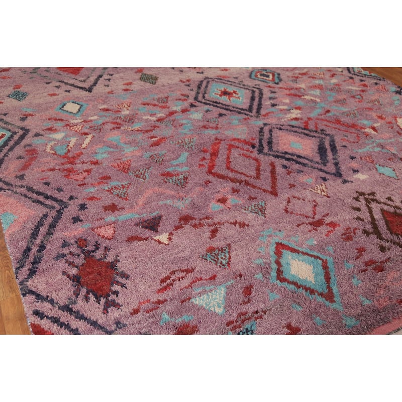 Plush Purple Moroccan Abstract Area Rug Hand-Knotted Wool Carpet - 9'1"x 12'11"