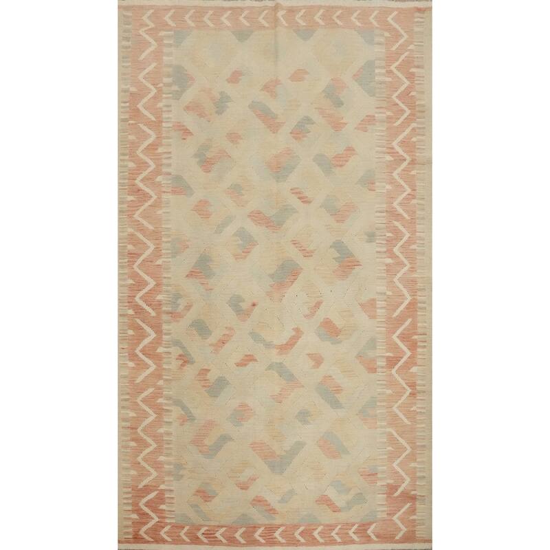 Hand Woven Oriental 100% Wool Carpet Southwestern Tribal Beige & Ivories Kilim Area Rug - 9' 2'' X 6' 2''