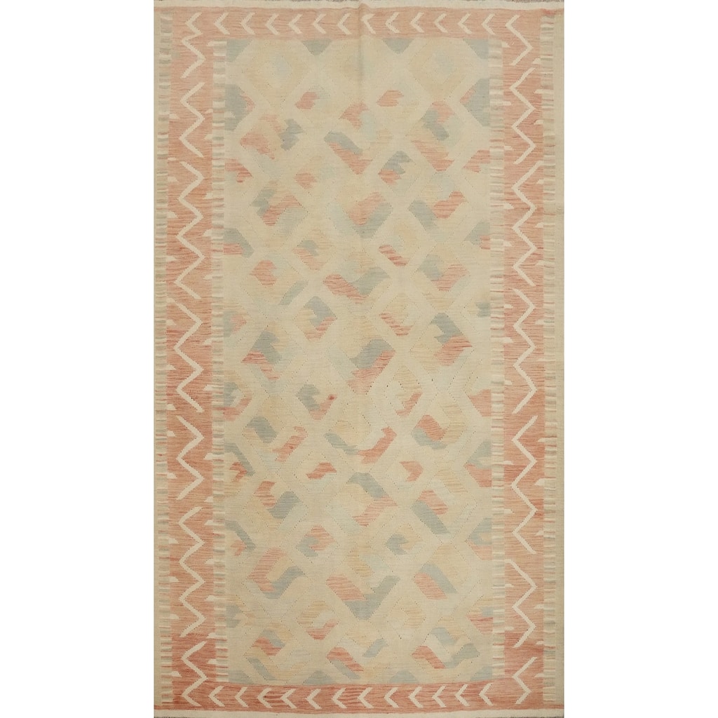Hand Woven Oriental 100% Wool Carpet Southwestern Tribal Beige & Ivories Kilim Area Rug - 9' 2'' X 6' 2''