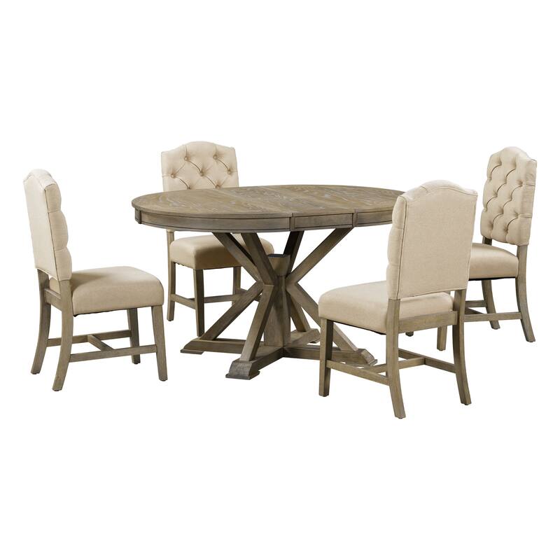 X-Cross Leg Round Dining Table Set Wooden Extendable End Table with 4 Upholstered Chairs for Dining Room & Living Room Bistro