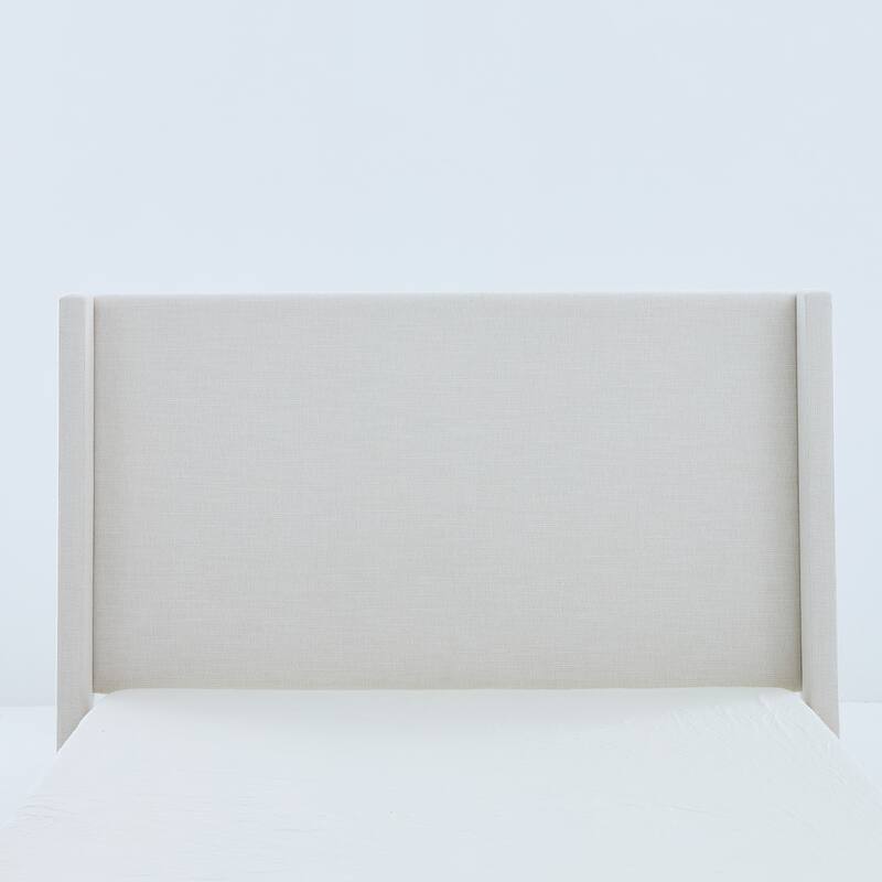 Rustic Modern Farmhouse Upholstered Wingback Bed with Textured Ivory Canvas Chenille, Queen Size, Sturdy Wooden Base