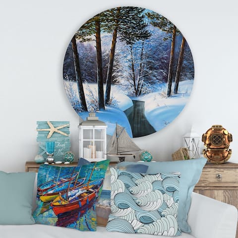 Designart 'Christmas Forest With River and Trees III' Traditional Metal Circle Wall Art