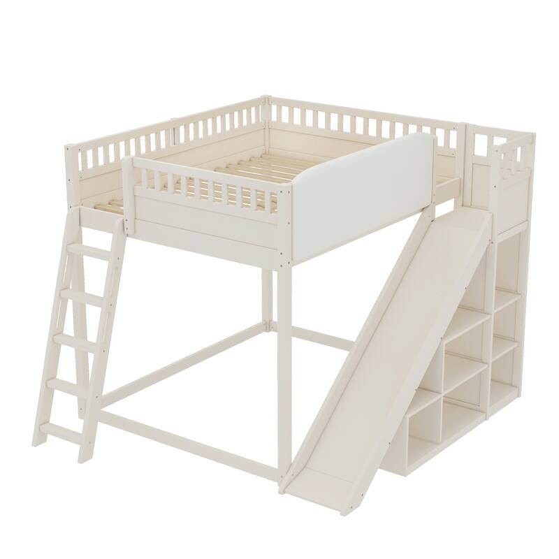 Queen/Full Loft Bed with Upholstered Headboard, Storage & Slide