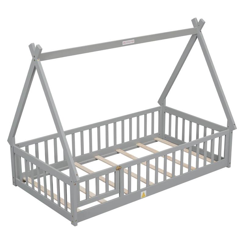 Twin Tent-shaped Floor Bed with Guardrails