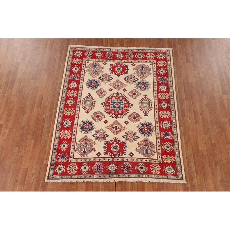 Geometric Kazak Area Rug Hand-Knotted Beige Wool Carpet - 5'2" x 6'6"