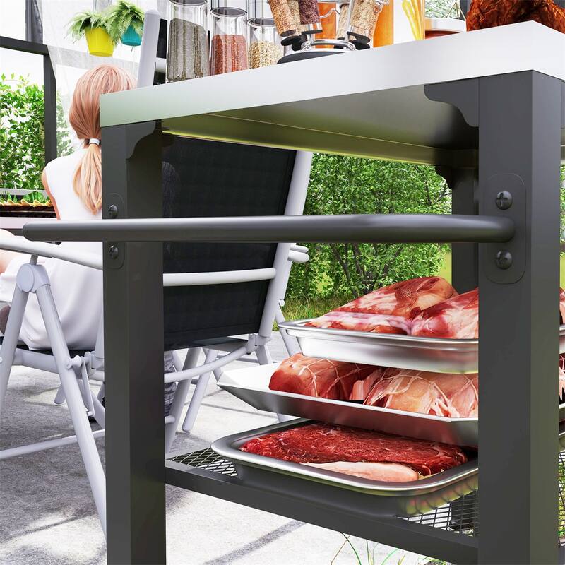 Stainless Steel Grill Cart with Storage Shelves and Tool Hooks Mobile Serving Table for Patio - 25.8" W x 16.1" D x 31.1" H