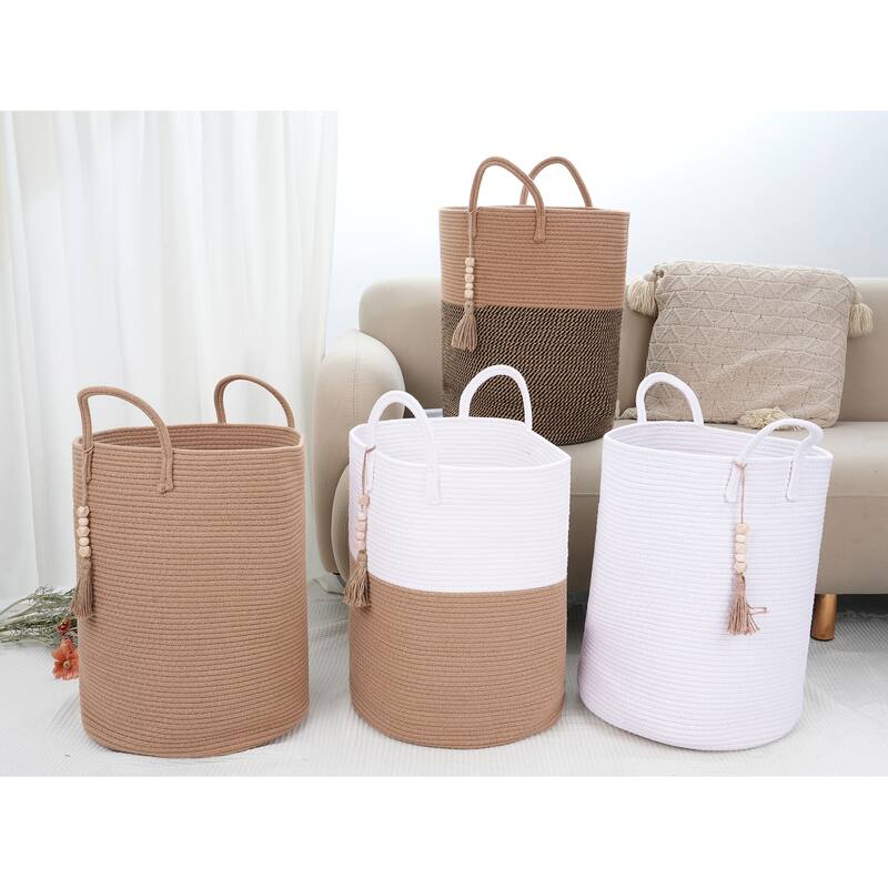 Woven Storage Bin with Handle and Tassel Beads, Storage Basket Organizer Bin for Blankets, Clothes, Shoes - 19*15in