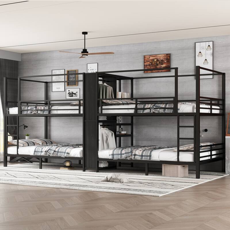 Quadruple Metal Bunk Bed with Built-in Storage Shelves & Wardrobe - Queen/Full/Twin, Sturdy Metal Frame with Noise-reduced
