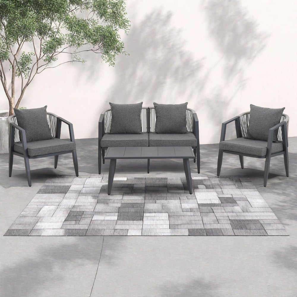 4-Piece Outdoor Iron Cnversation Sofa Set with Coffee Table and Cushions