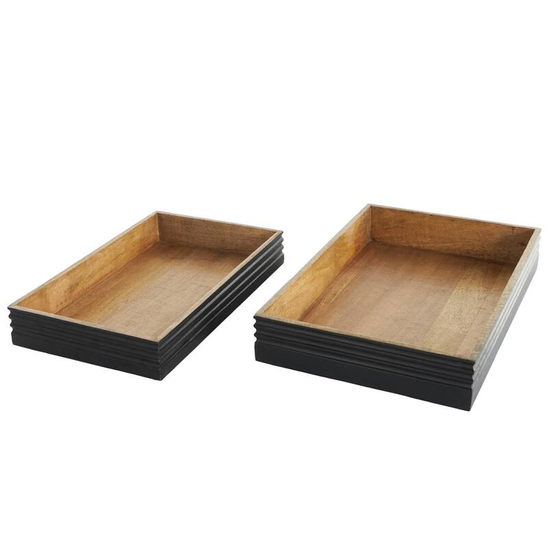 Brown Mango Wood Handmade Living Room Decor Tray with Black Groove Exterior (Set of 2)