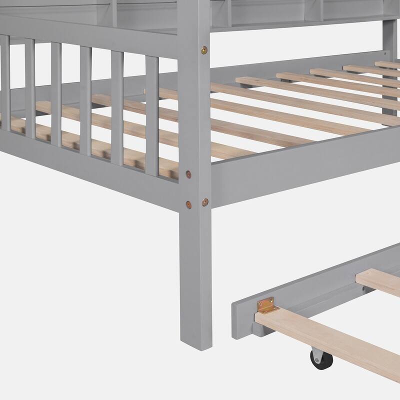 Wooden Twin Size House Bed with Trundle,Kids Bed with Shelf