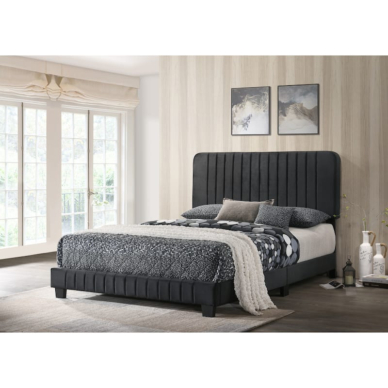 Sleek Black Contemporary Queen Bed with Velvet Upholstery and Durable Design - Black