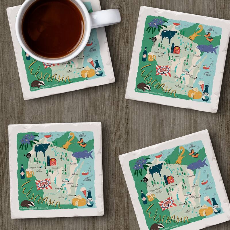 Wisconsin Home 4-Pack Absorbent Stone Coasters with Protective Cork Backing 4" Square Made in The USA Easily Wipes Clean