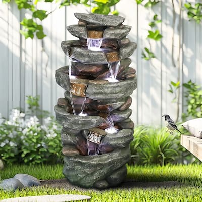 SunJet 40.5" Tall 6-Tier Rock Outdoor Fountain with LED Lights - 40.5'' H X 19.6'' W X 14'' D
