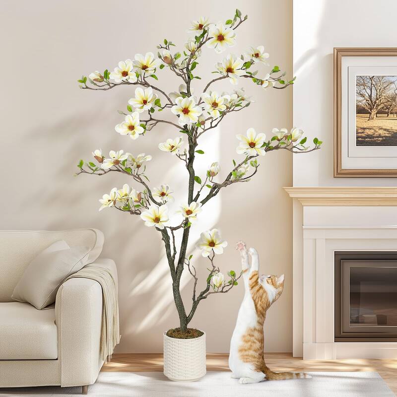 Artificial Magnolia Tree with Realistic White Flowers & Lush Green Leaves