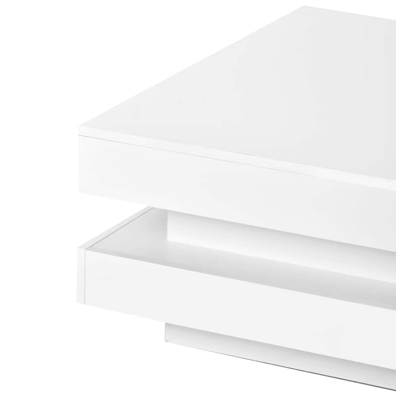 Roomfitters Modern Square Coffee Table with High Gloss Finish, 2-Tier Center Table with Lighting for Stylish Living Room