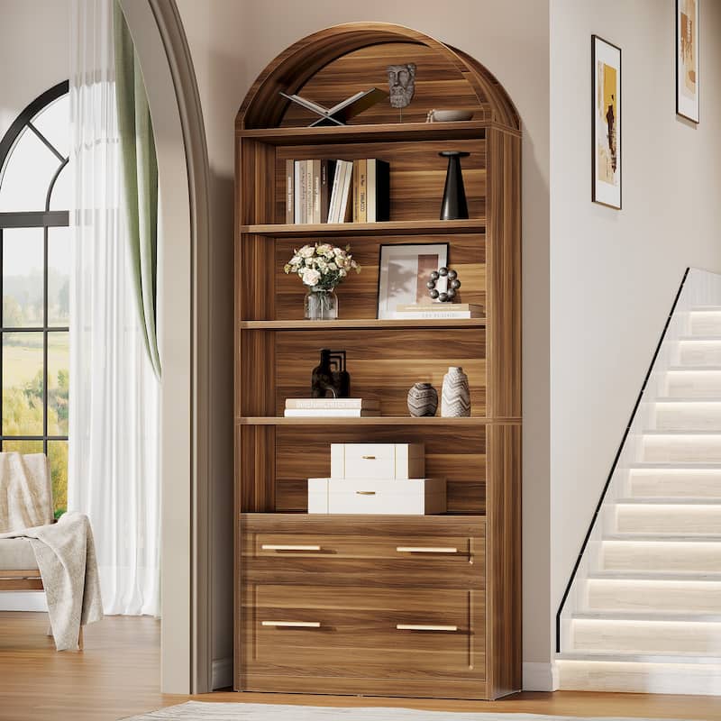 5-Tier White Arched Bookshelf with File Cabinet Drawer, 76.8" Tall Freestanding Wooden Bookcase