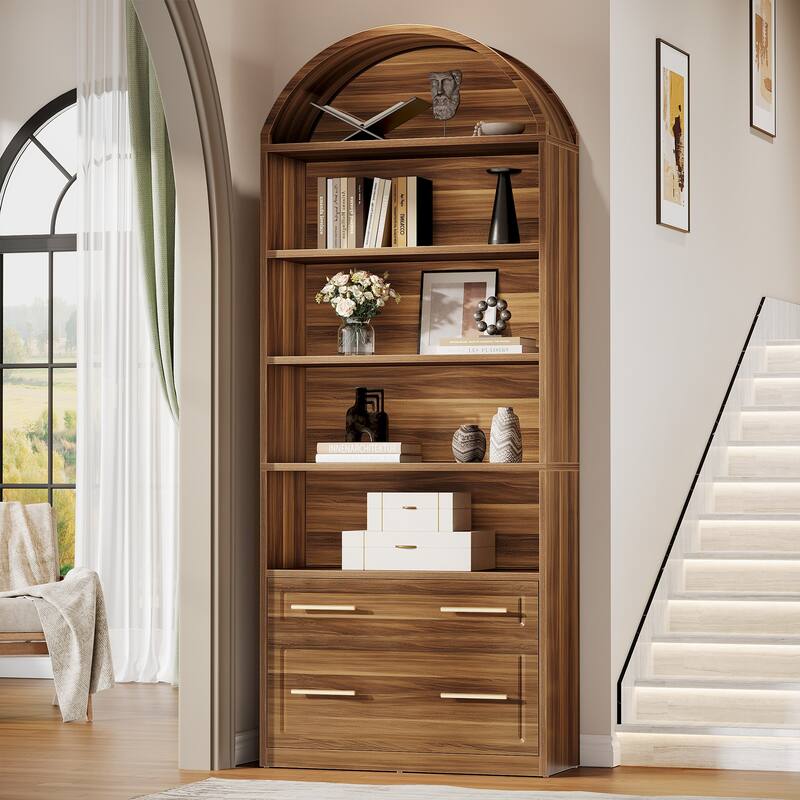 76.8" Tall Arched Bookcase, 5-Tier Modern Bookshelf with File Cabinet Drawer