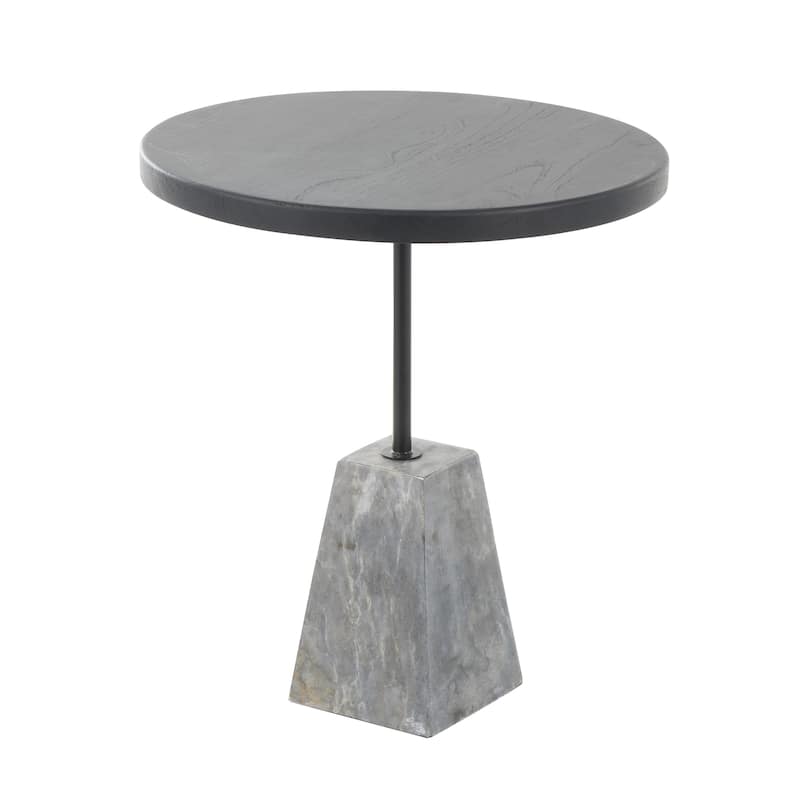 Wood Geometric Side End Accent Table with Gray Marble Pyramid Base - Black - Roche River Decor