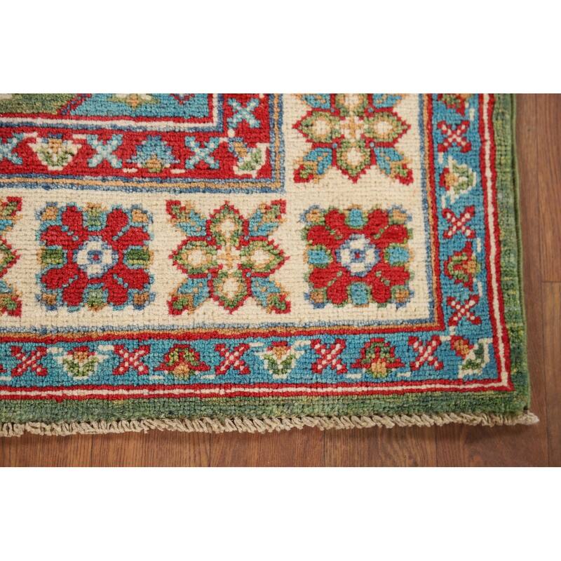 Green Geometric Kazak Oriental Foyer Rug Hand-Knotted Wool Carpet - 2'8" x 4'0"