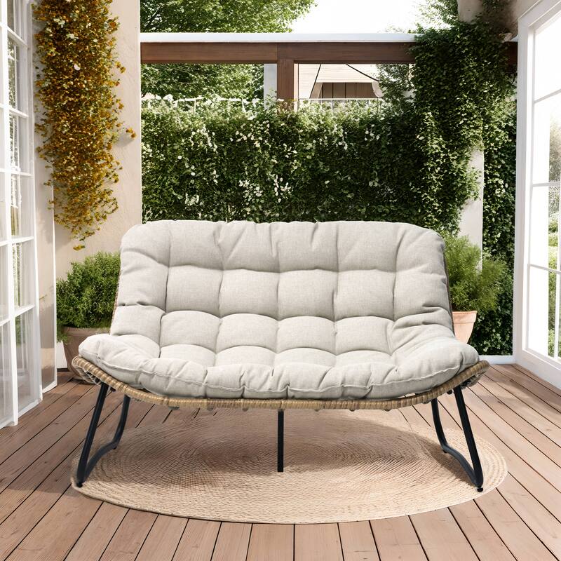 Double Papasan PE Rattan Chair Loveseat with Cushion For Indoor Outdoor - Beige