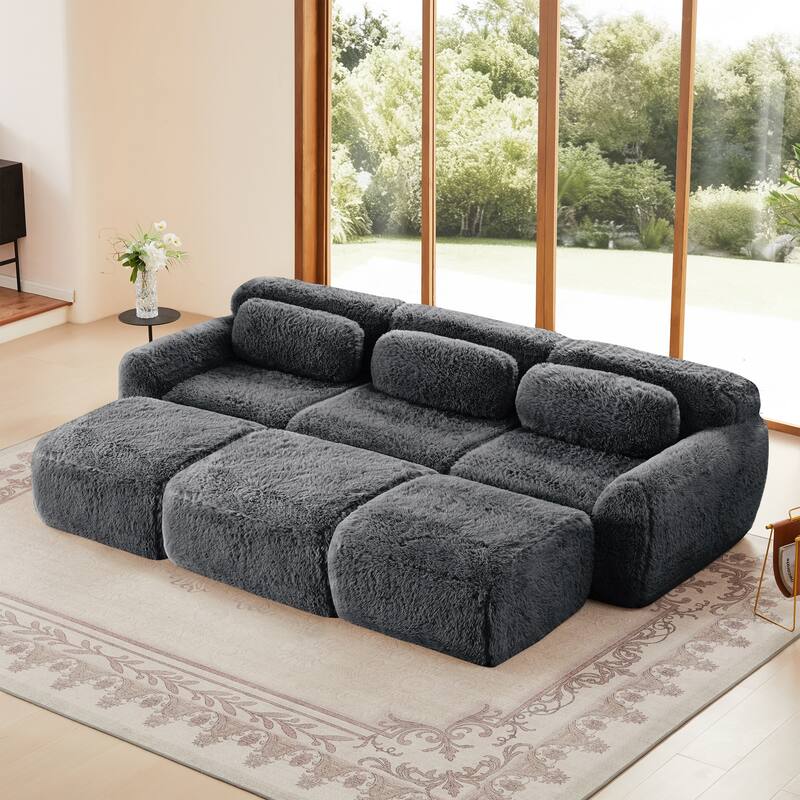 Roomfitters 3-Seater Plush Boneless Sofa with Ottoman, No Assembly 32D Cloud Couch - DARK GREY