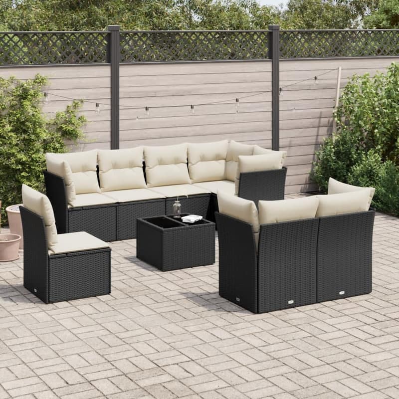 vidaXL Garden Sofa Set Black Rattan, Cream White Cushions - 21.7 x 21.7 x 14.6