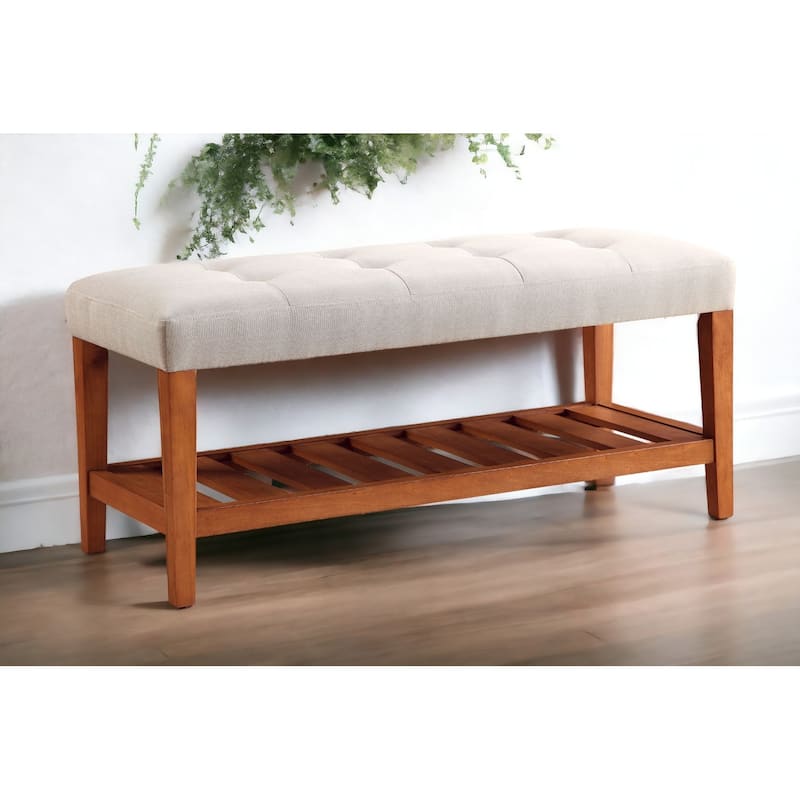 Fabric Upholstered Storage Bench with Slatted Shelf and Tapered Legs