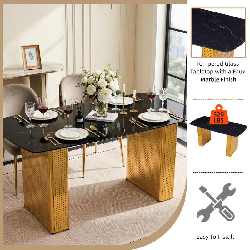 Modern Rectangular Tempered Glass Dining Table, Marble-Patterned Design with Gold Dual-Pedestal Metal Base for Dining Room
