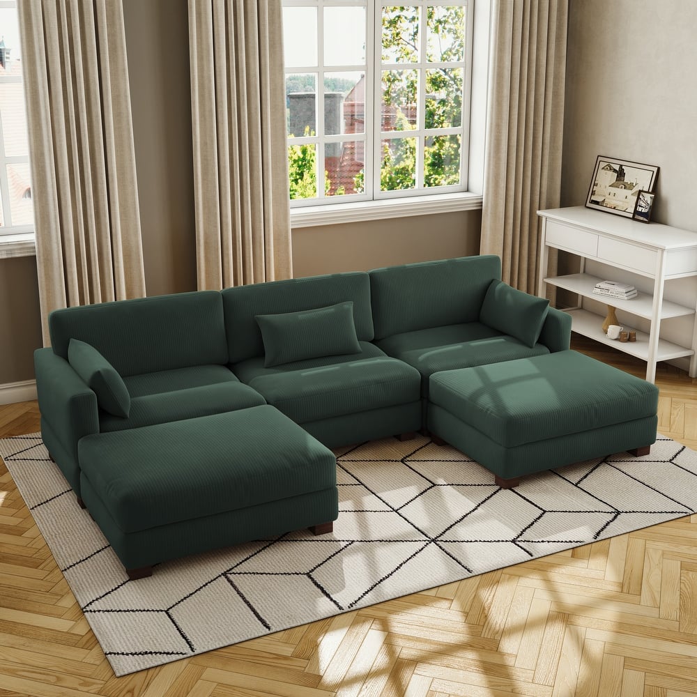 Corduroy Modular Sectional Sofa Couch With Chaise Ottoman