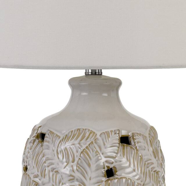 150 Watt Leaf Engraved Ceramic Base Table Lamp, Off White