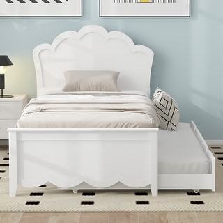 Wood Platform Bed with Flower Shape Headboard & Trundle Bed, White