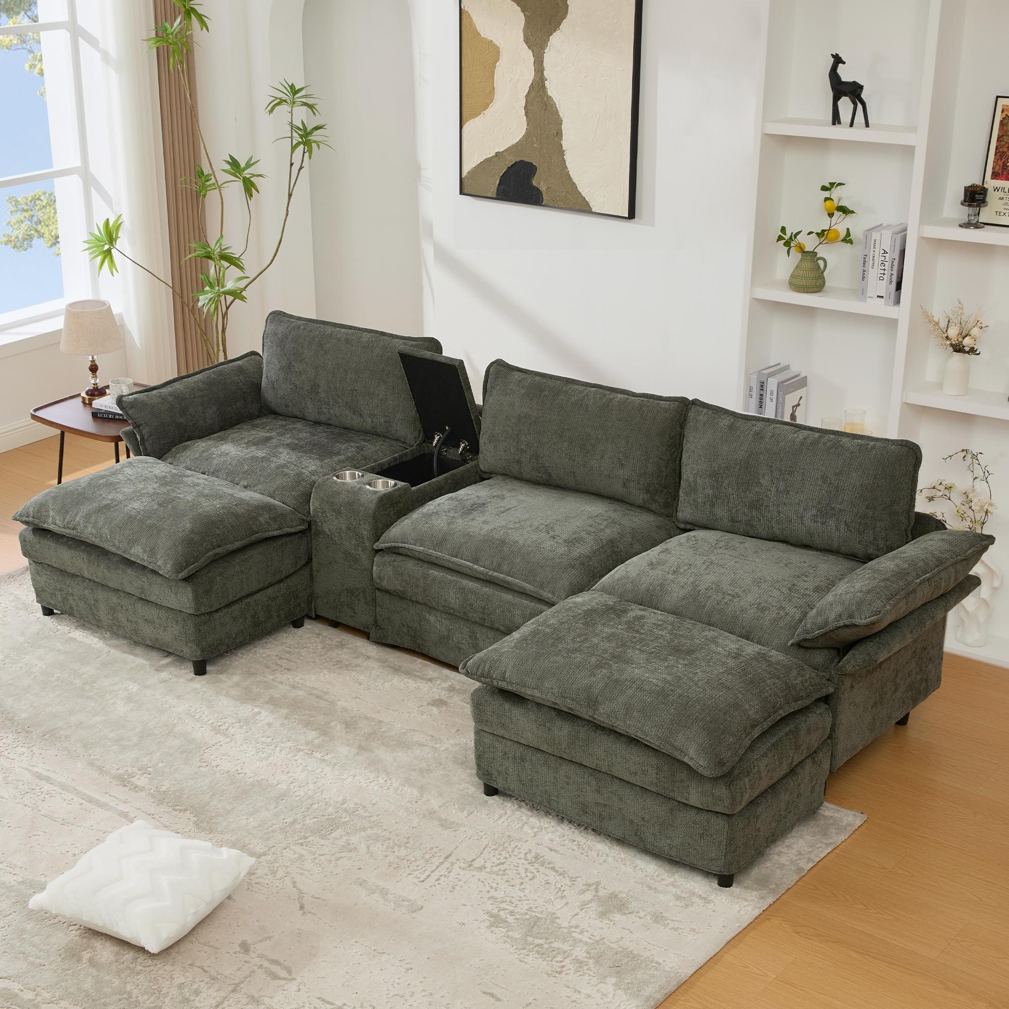 Modular Sectional Sofa Chaise Couch with Ottoman and Storage Console