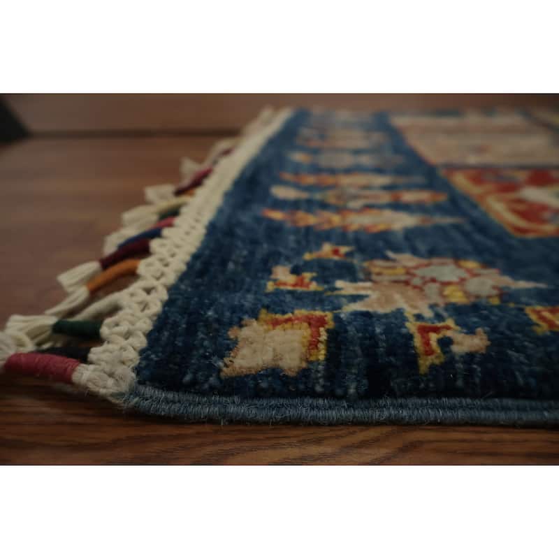Hand Knotted Oriental 100% Wool Carpet Traditional Geometric Navy Blue & Blues Kazak Runner Rug - 22' 10'' X 2' 8''