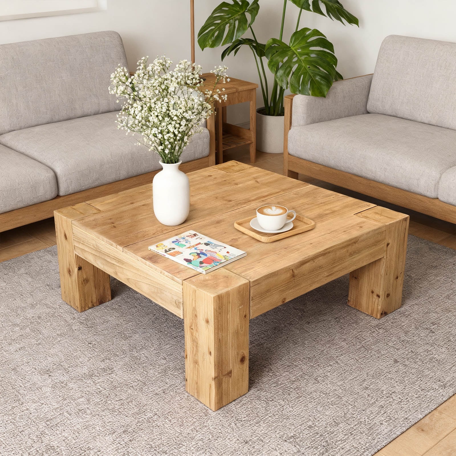 Modern Square Solid Wood Coffee Table, with Thick Square Legs