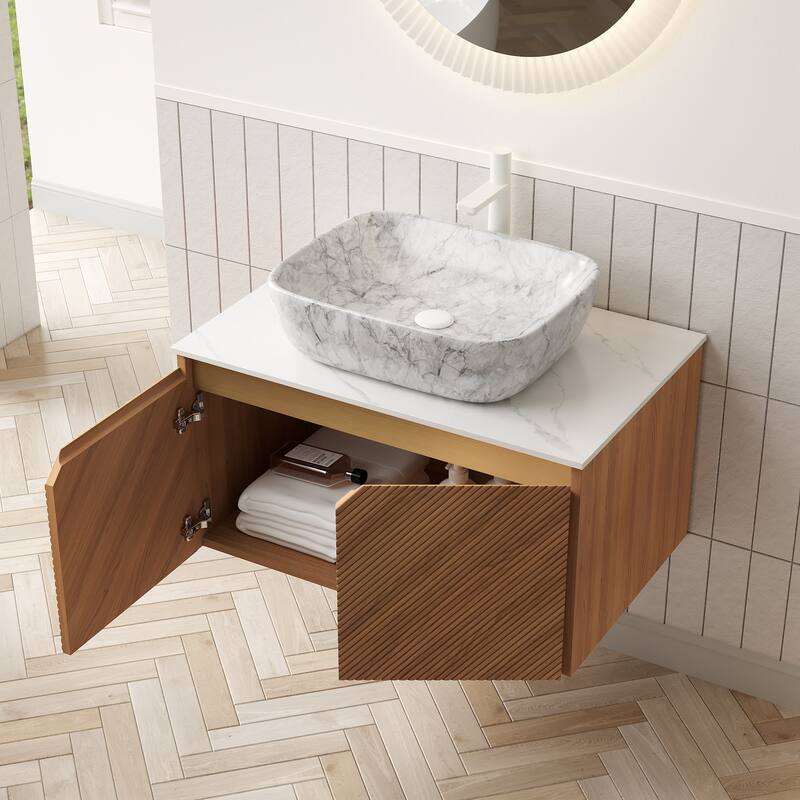 30"/36"/48" Floating Bathroom Vanity with Vessel Sink, Wall Mounted Sintered Stone Countertop Bathroom Storage Cabinet