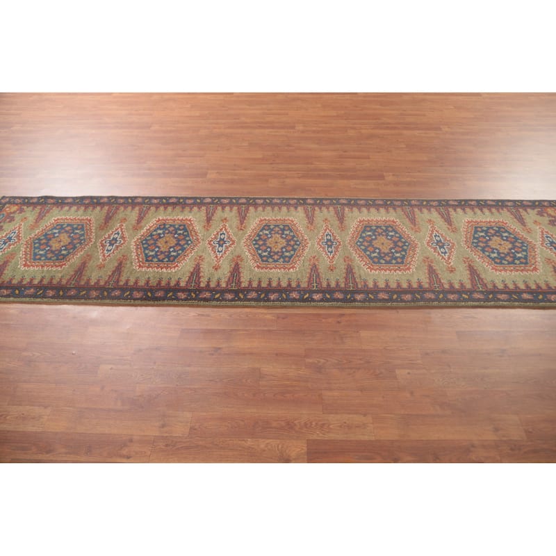 Green Geometric Kazak Oriental Runner Rug Wool Carpet - 2'6"x 9'9"