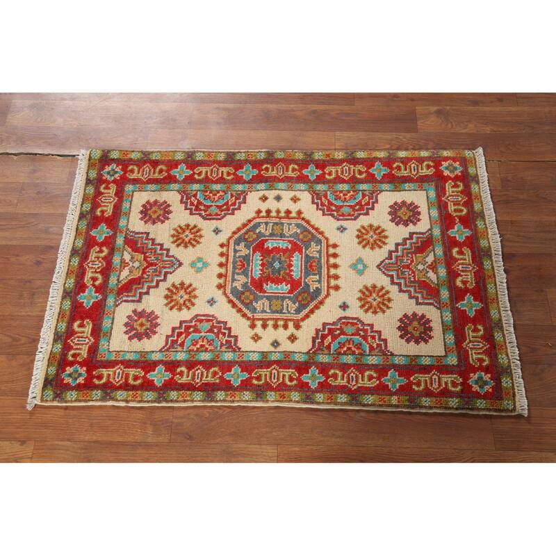 Geometric Kazak Accent Rug Hand-Knotted Beige Wool Carpet - 2'1"x 2'10"