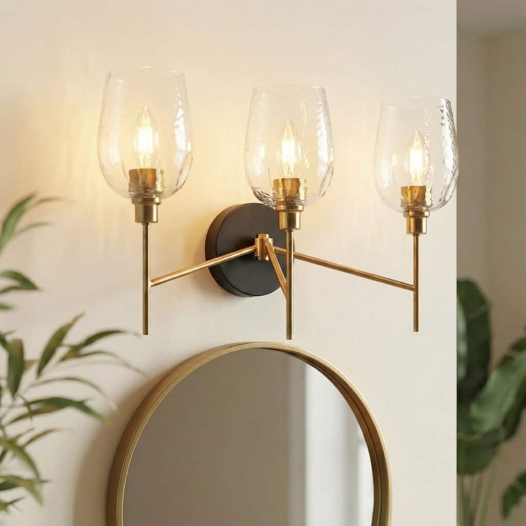 Denan Modern Transitional 3-Light Black Brass Bathroom Vanity Lights with Textured Glass