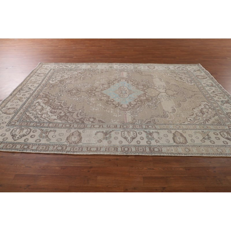 Distressed Beige Tabriz Persian Vintage Rug Handmade Wool Carpet - 6'5"x 9'7"