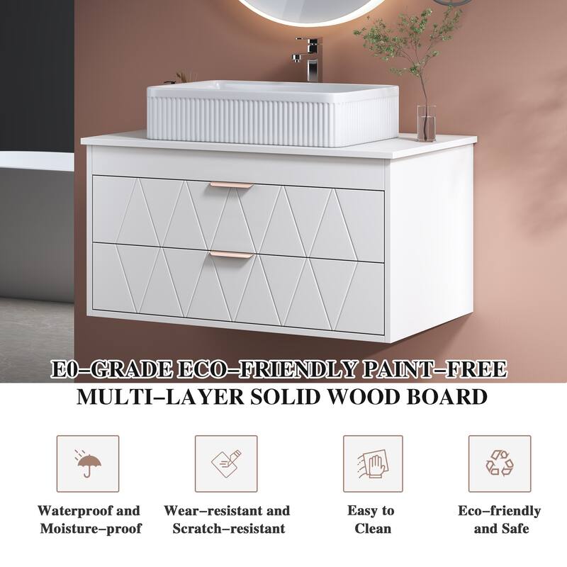 31.5" Contemporary Floating Bathroom Vanity with Ceramic Vessel Sink & Storage Cabinet for Small Bathrooms