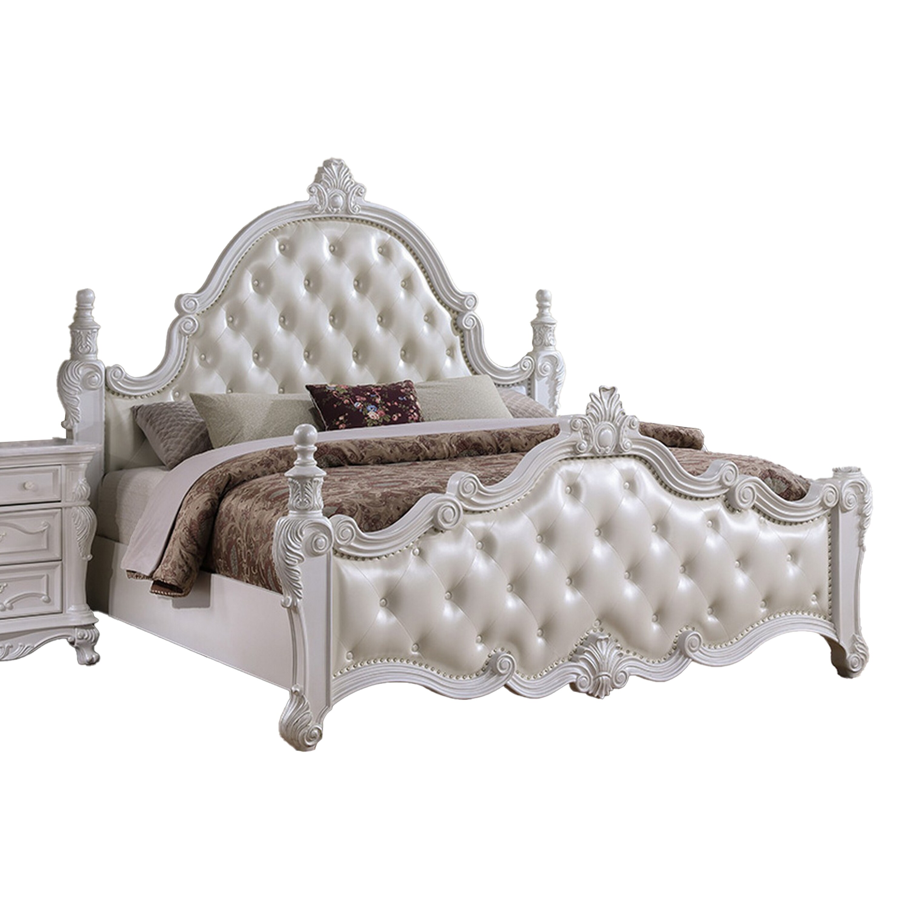 Moni Queen Bed, White Button Tufted Traditional Upholstery, Solid